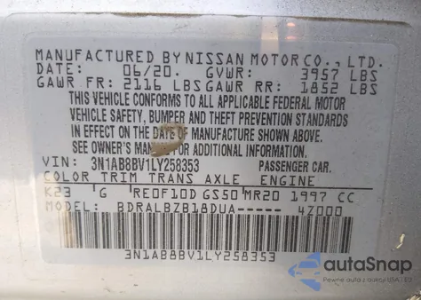 2020 Nissan Sentra S Xtronic Cvt z USA, uszkodzony, nr VIN 3N1AB8BV1LY258353